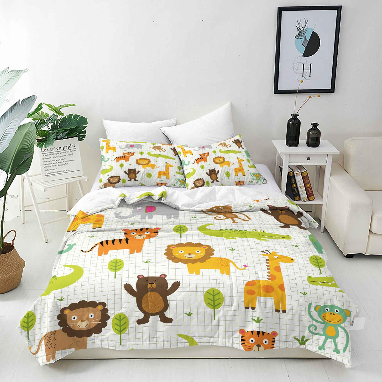 ANHOPE Custom Duvet Cover & Pillowcase Customized Size Bedding Set with Cute Cartoon Safari Animal Printed Pattern Personalised Quilt Cover for All Season