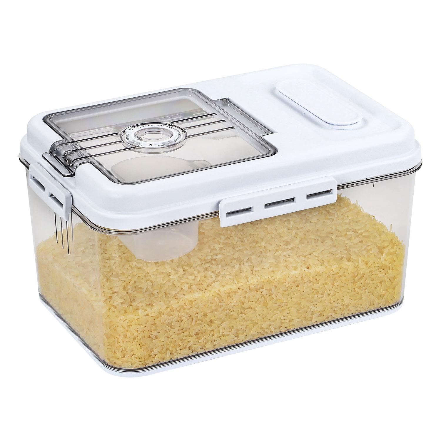 Livhome Clear/White 5Kg Airtight Rice Storage Container With Measuring Cup And Expiry Dial, Bpa-Free Stackable Flour Canister, Food Dispenser, Pantry And Kitchen Organization Storage Solution