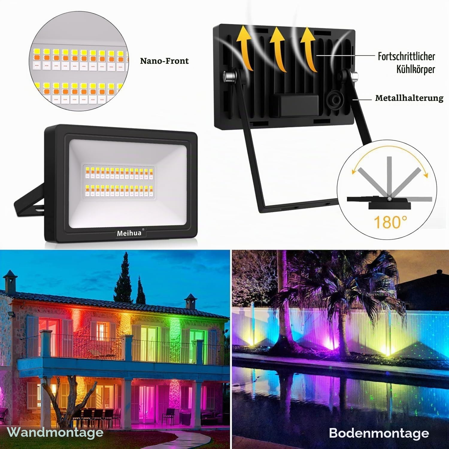 MEIHUA 35W RGB LED Strahler 2er mit Fernbedienung Außenstrahler IP66 Wasserdicht Farbewechsel Dimmbar Flutlicht 12 Farben Multifunktion mit Timer für Baum Garten DJ Home Party Weihnachtsdekoration