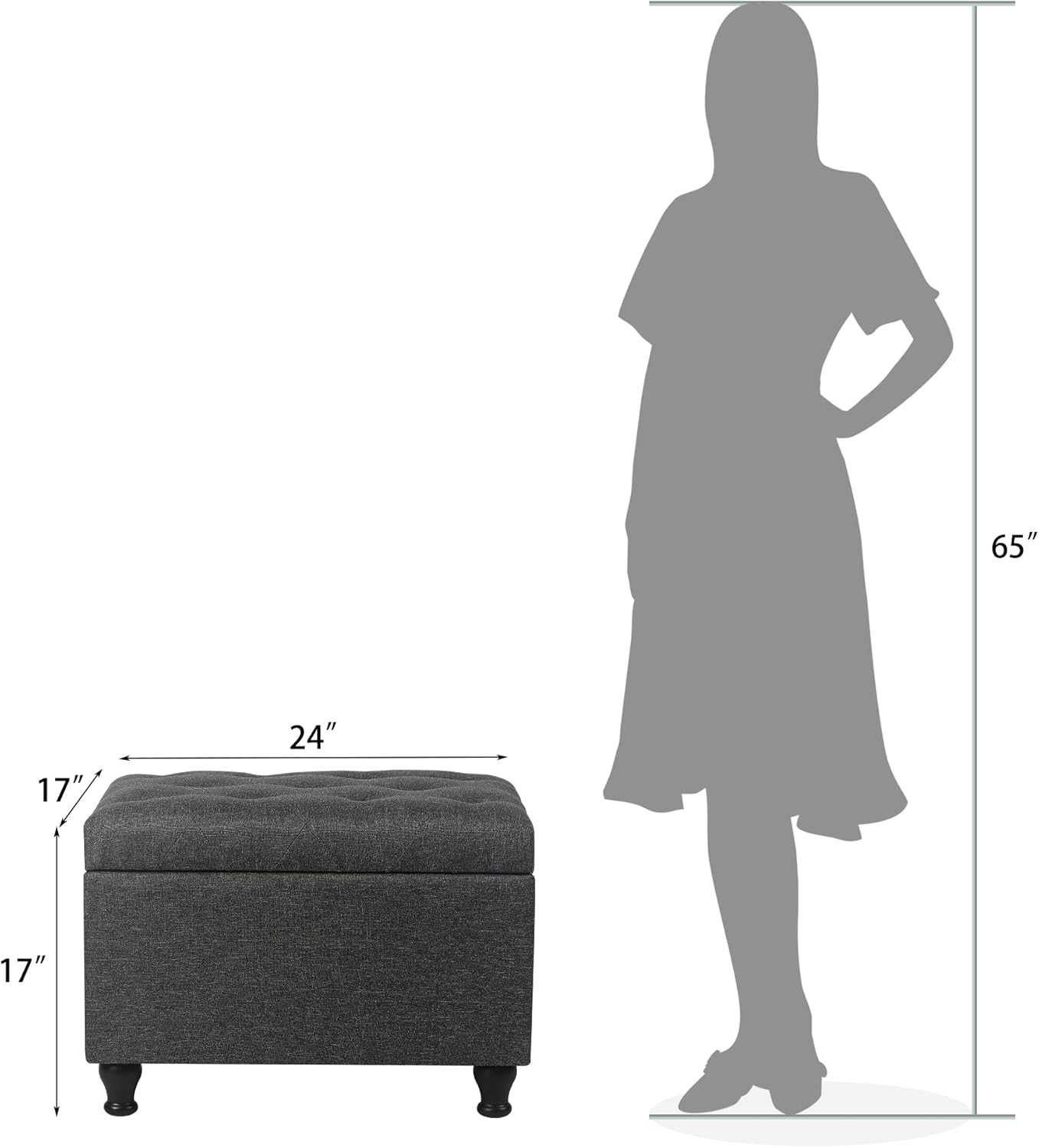 Homebeez Storage Ottoman Bench with Side Pocket, 24 Inch Linen Upholstered Rectangle Footrest Stool for Living Room, Bedroom, End of Bed, Dark Grey