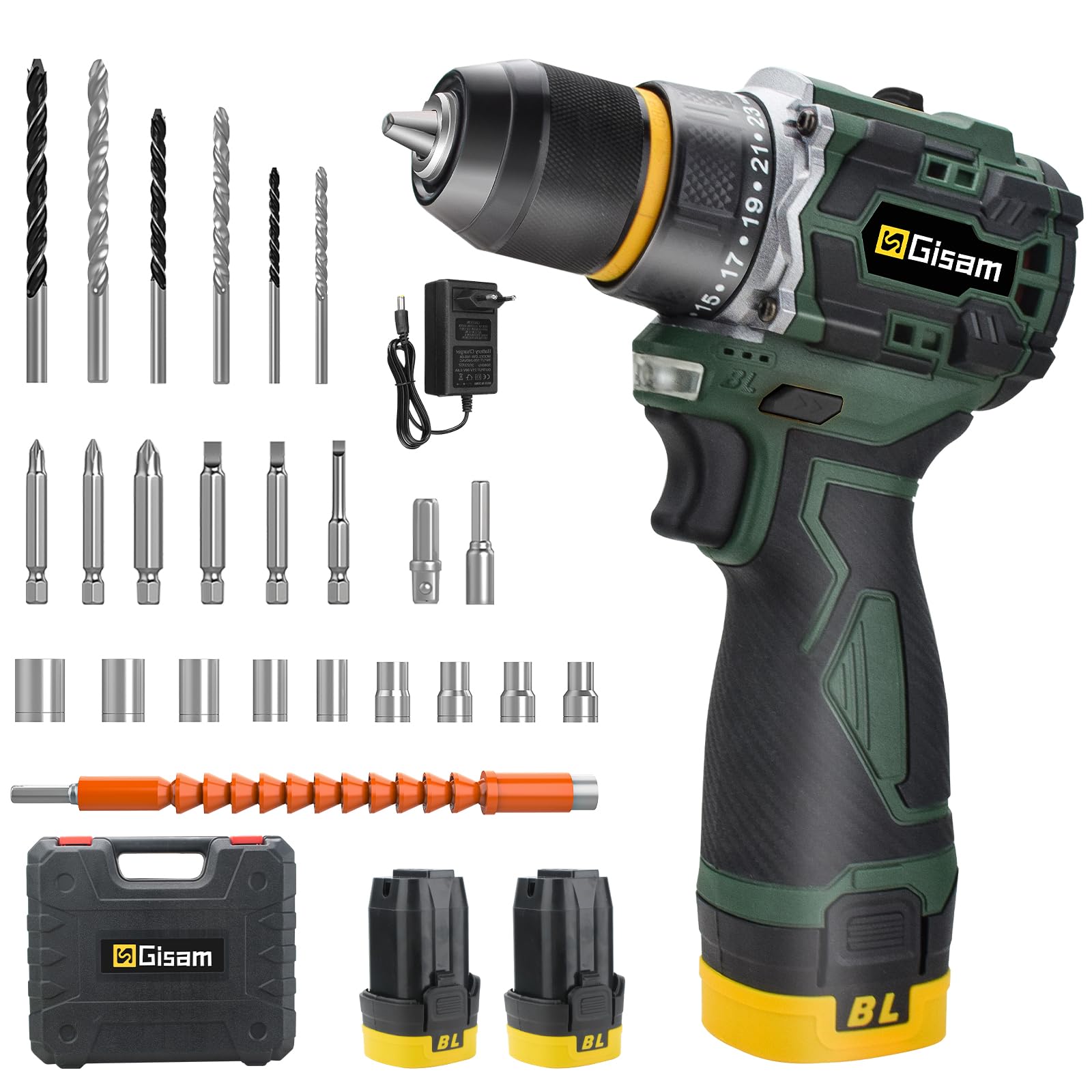 Gisam 16,8 V Taladro Percutor a Bateria - 50N.m, 23+1 Ajuste de Par, atornillador y desatornillador inalámbrico 2 en 1, kit con 2 baterías de 2000 mAh, LED Luz Para Hogar, Bricolaje