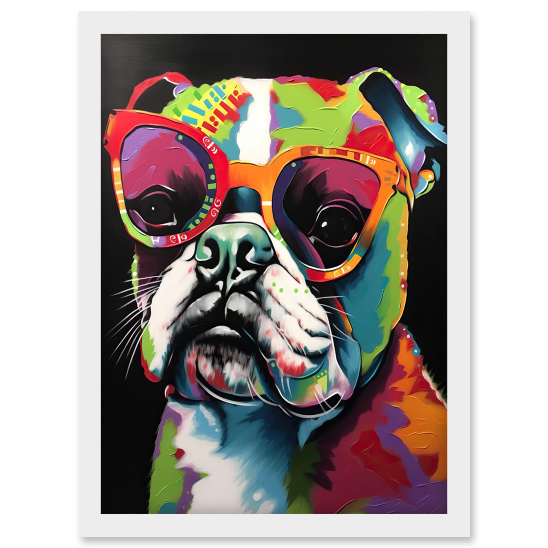 Rainbow Colour English Bulldog Puppy in Sunglasses Artwork Framed Wall Art Print A4 - Artery8