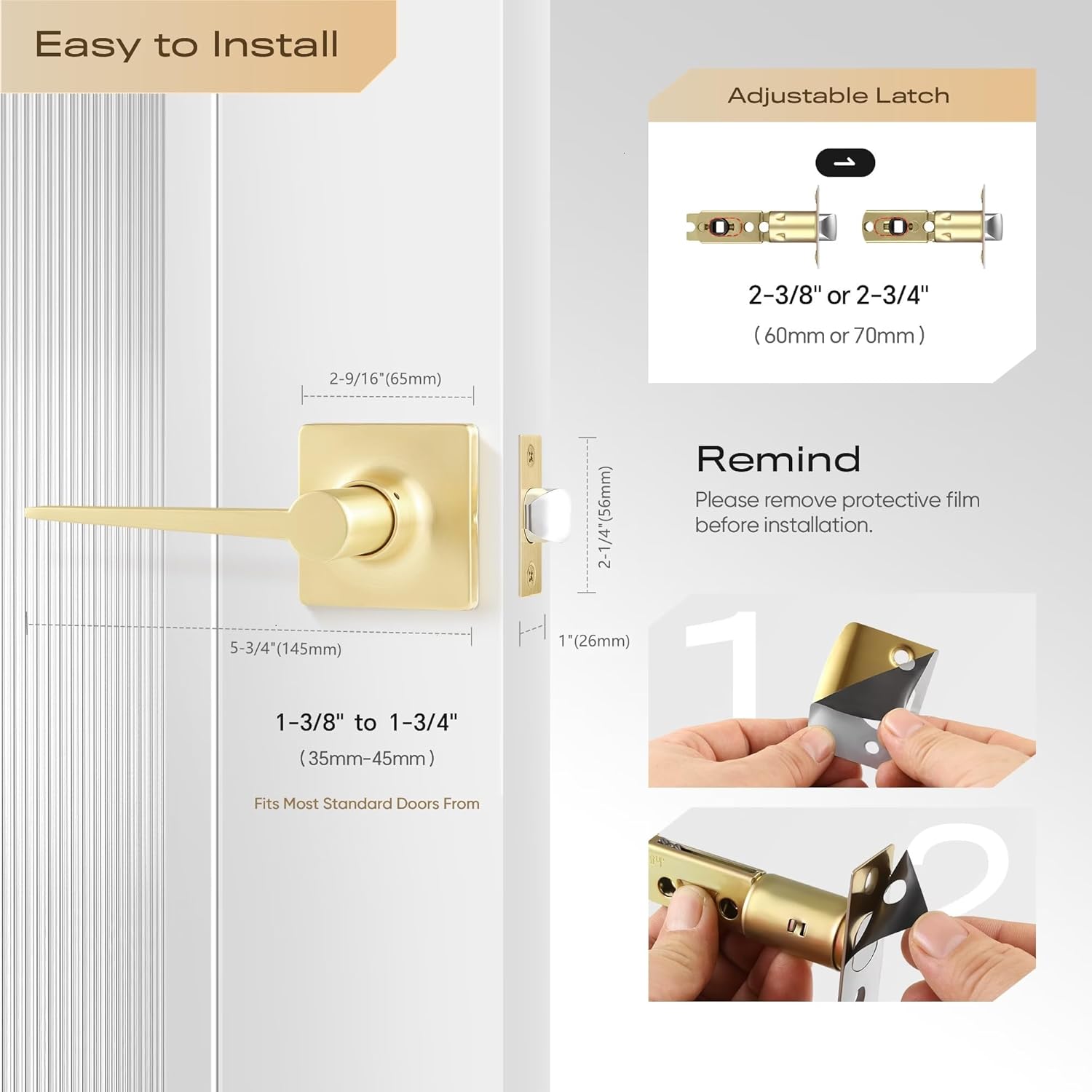 Leydebong 2 Pack Passage Door Levers Square Hall Closet Handles, Interior Non-Locking Lever Sets, Reversible for Right & Left Side, Sleek Door Knobs