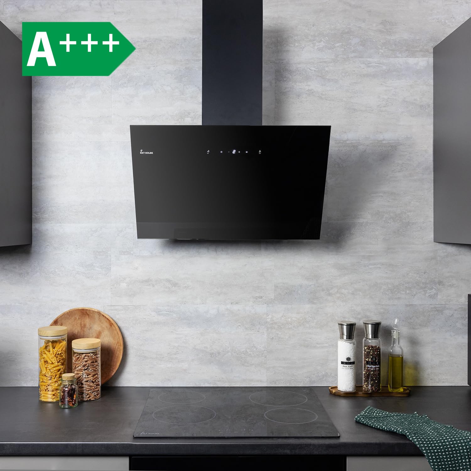 KKT KOLBE okap kuchenny 60 cm | obieg powietrza / powietrze wylotowe | 782 m³/h | okap ścienny bez wyspy | czarny | szkło | sterowanie gestami | sterowanie SensorTouch | oświetlenie LED | TRIO6025S