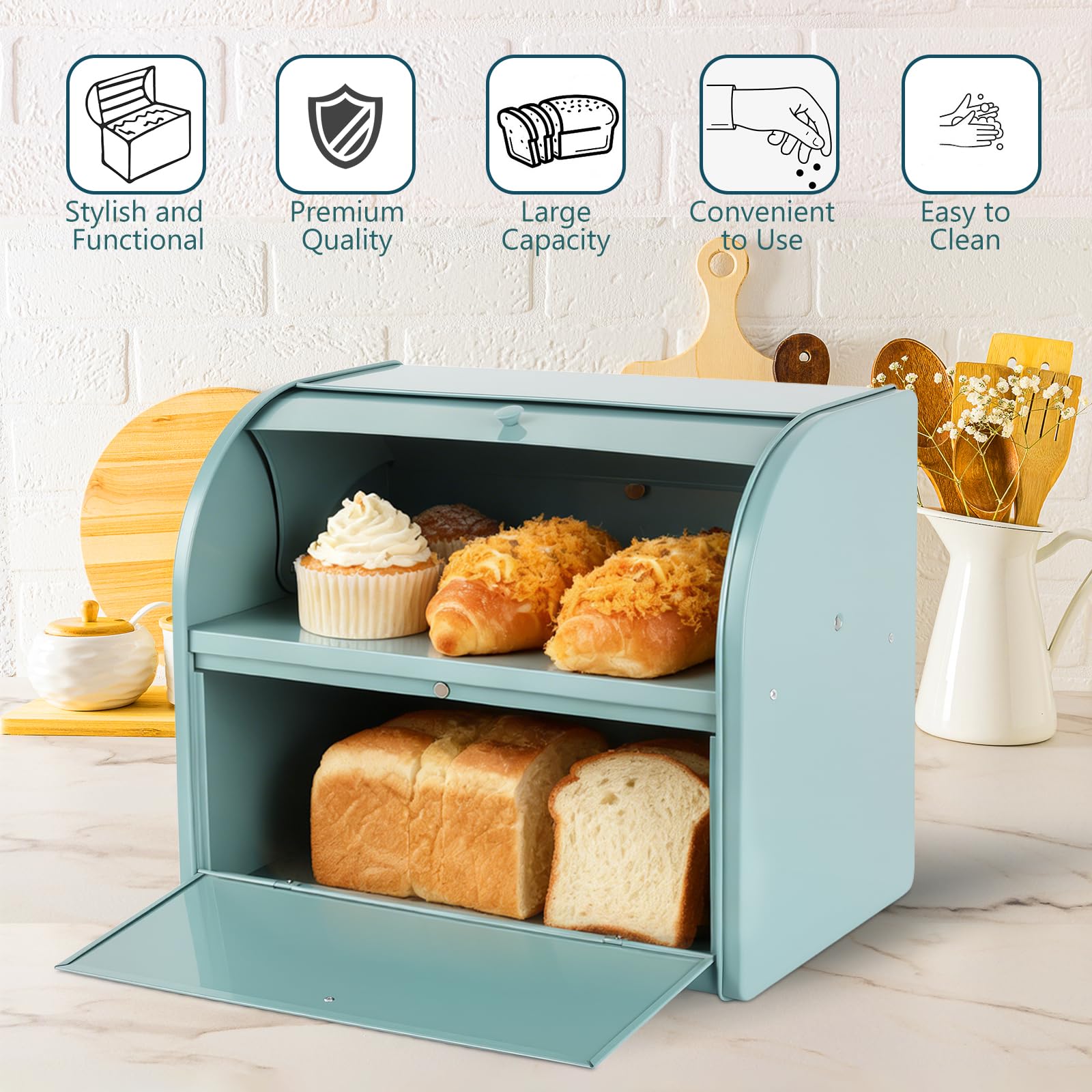 Brotkasten, Brotkasten für Küche, Große Brotbox mit Roll-Top-Deckel, Doppelter Metall-Brotbehälter, Aufbewahrungsbehälter für frische Brote, Kekse, Gebäck 40 x 32 x 24 cm (Grün)