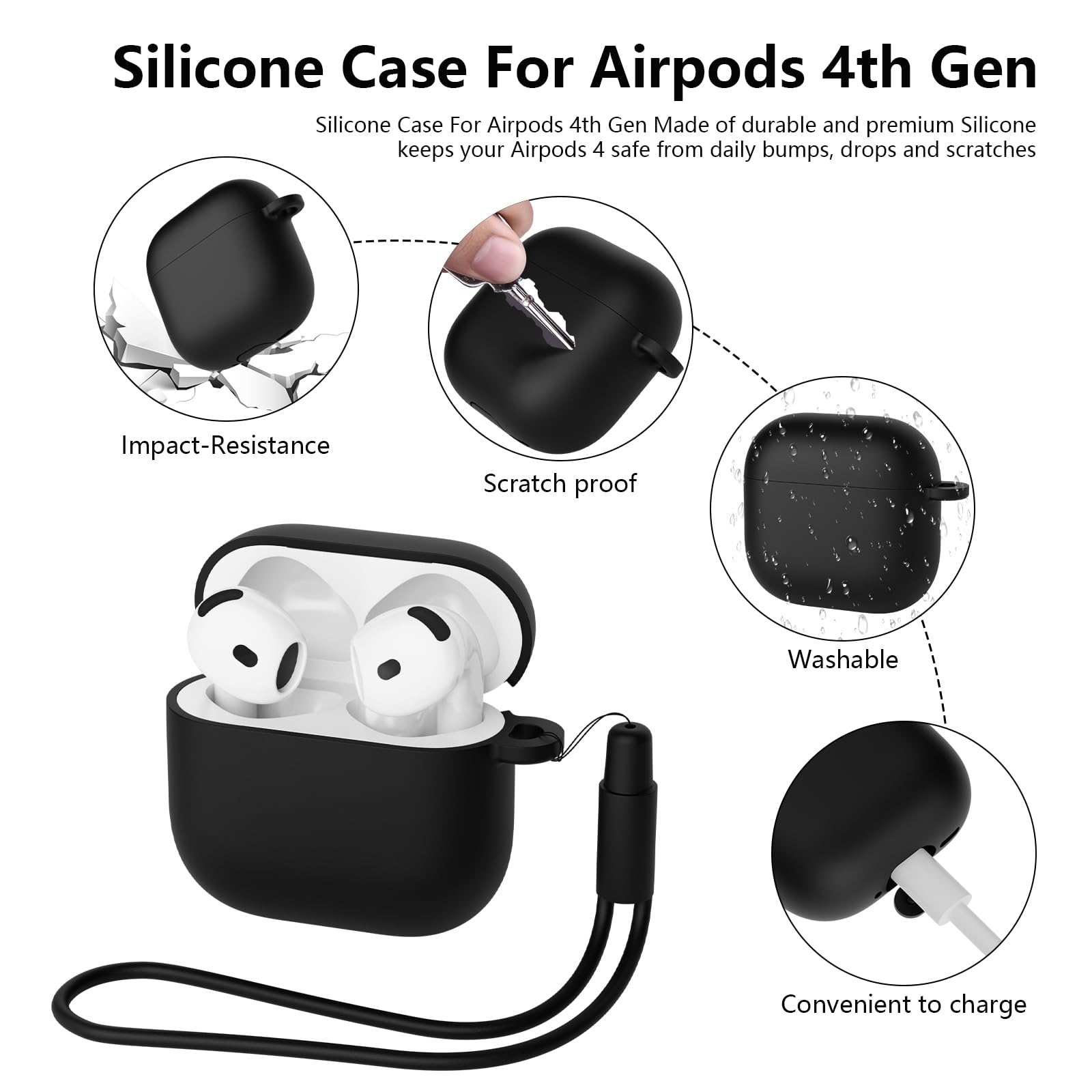 Mocarheri Funda de Silicona Compatible con AirPods 4.ª Generación con Kit de Limpiador, Fundas Protectora de Silicona para AirPods de 4 Generacion 2024, LED Visible Frontal, Negro - 4