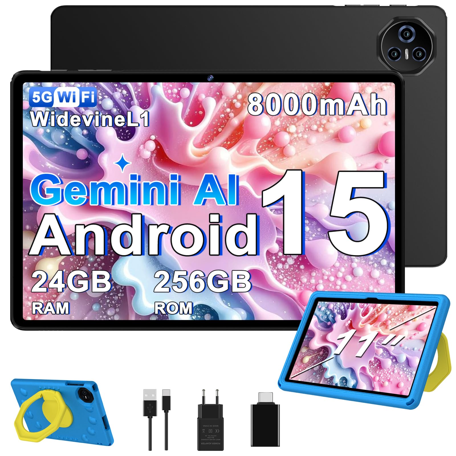 2026 Tablette 11 Pouces Android 15 Gemini AI, Tablette PC 24 Go RAM + 256 Go ROM (TF 2 to), Octa-Core 2,0 GHz, WideVine L1, 8000 mAh, Wi-FI 6, 5+13 MP, Face ID, GSM, 5G Wi-FI, BT 5.0, GPS-Bleu