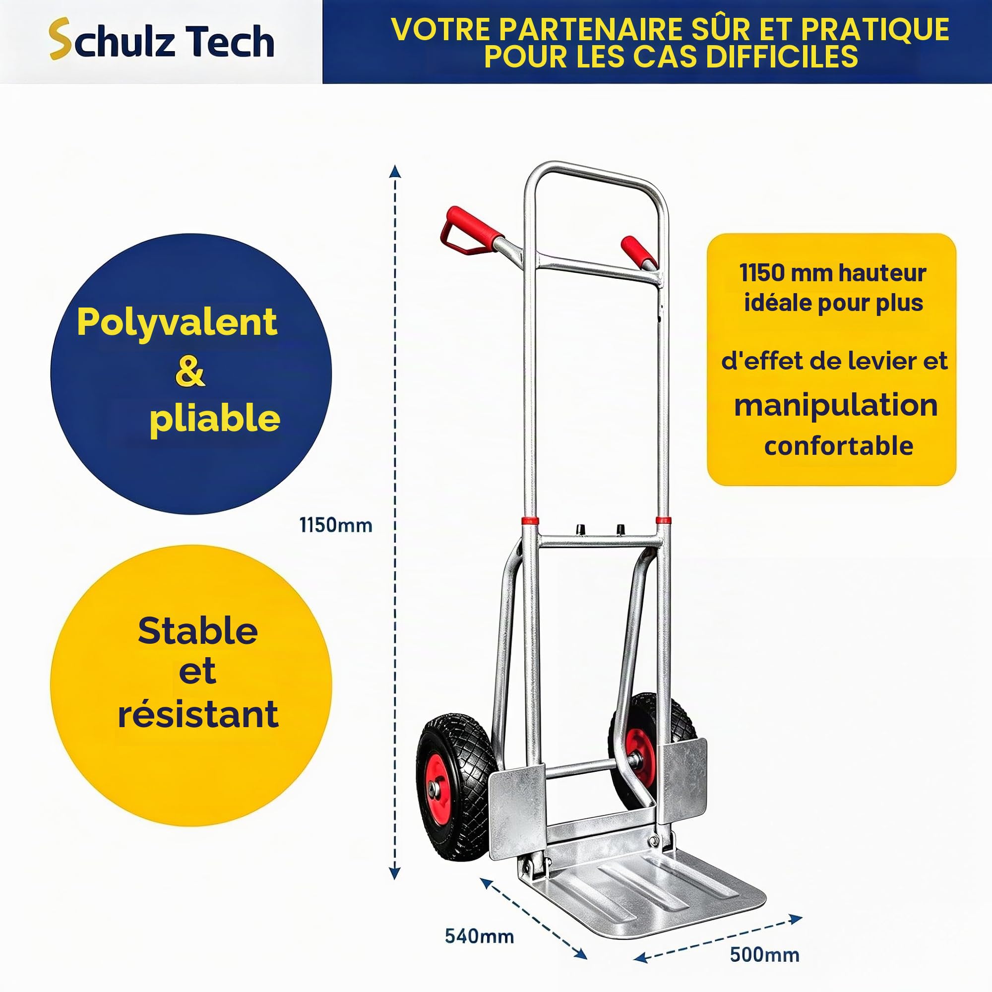 Diable pliable - Charge maximale : 200 kg - En acier de qualité supérieure - Ergonomique - Pour stockage, déménagement et caisses à boissons - Pelle XL - Poignées de sécurité - Pneus