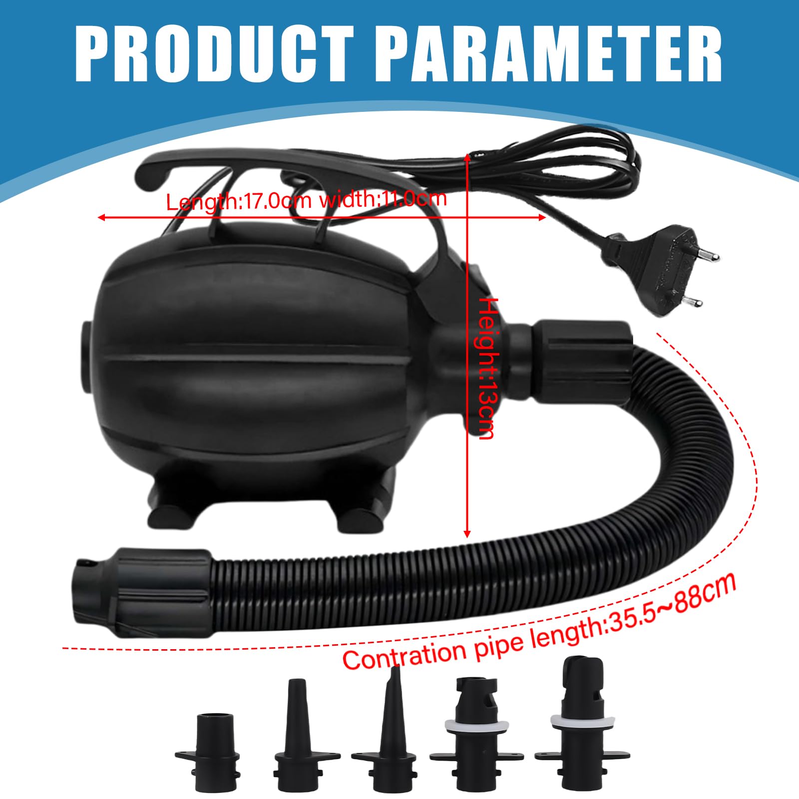 Pompa per materasso ad aria, 17 × 11 × 13 cm, 600 W, pompa elettrica Airtrack, materasso ad aria, pompa ad aria elettrica con 5 ugelli per casa e esterni, colore nero, gonfiaggio rapido in plastica