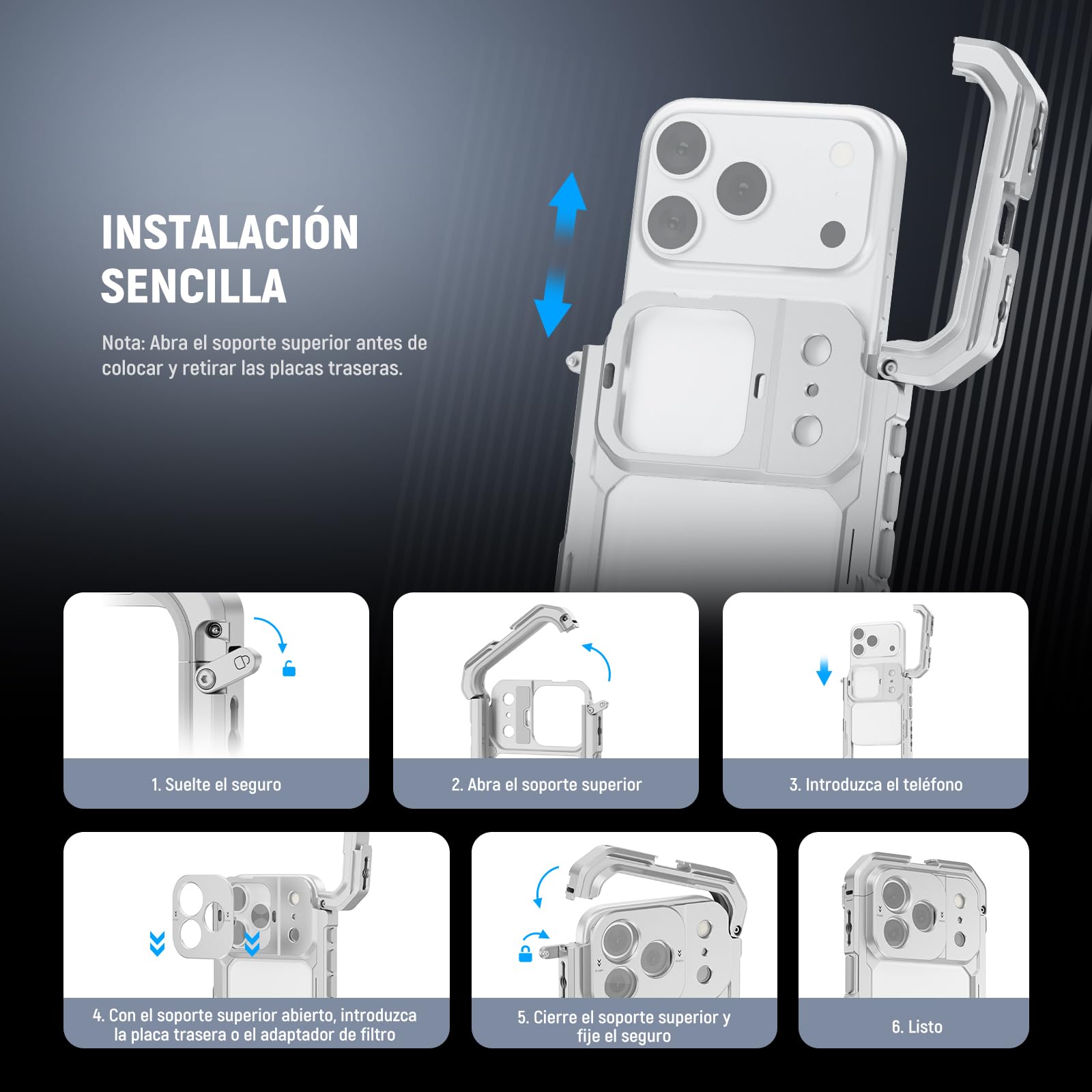 NEEWER Phone Cage Compatible con iPhone 17 Pro MAX,Quick Release Video Rig Estabilizador Accesorios con 67mm Anillo Filtro, 17mm Lens Backplate,T Mount Adaptador,4xTapa Control Cámara,PA144(Plateado)