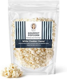 Renée’s White Cheddar Cheesy™ Gourmet Popcorn – real Wisconsin white Cheddar cheese is smooth and creamy on fresh popped corn, snack or gift – resealable, 5oz bag.