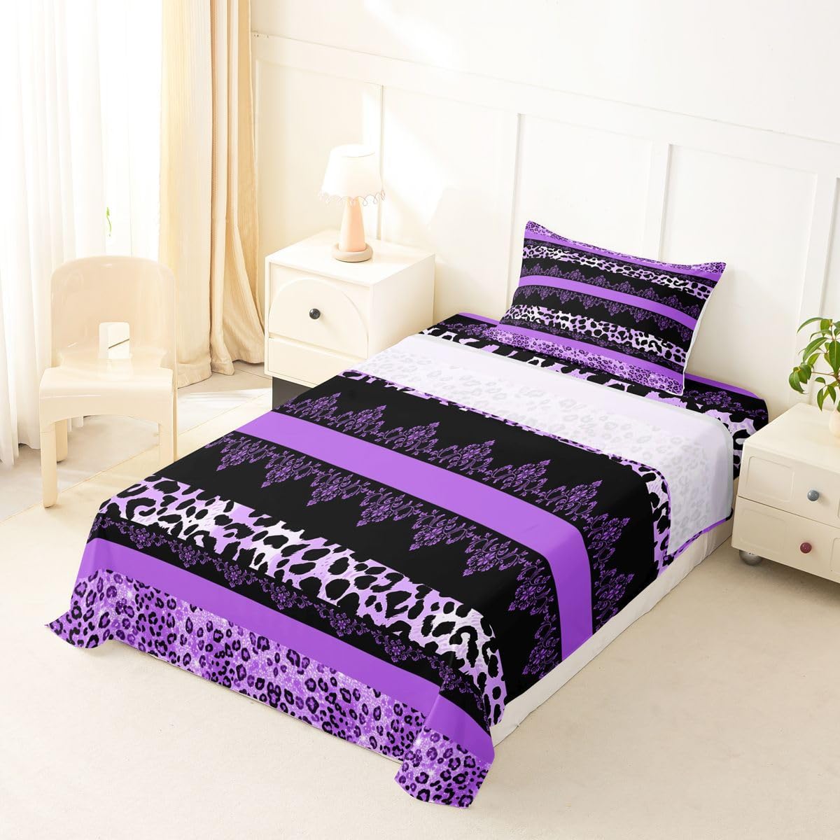 Erosebridal Purple Stripes Leopard Print Sheet Set Victorian Aesthetic Gothic Damask Twin Sheets Set for Toddler Boys,Baroque Vintage Floral Antique Cheetah Hide Fur Fitted Sheet
