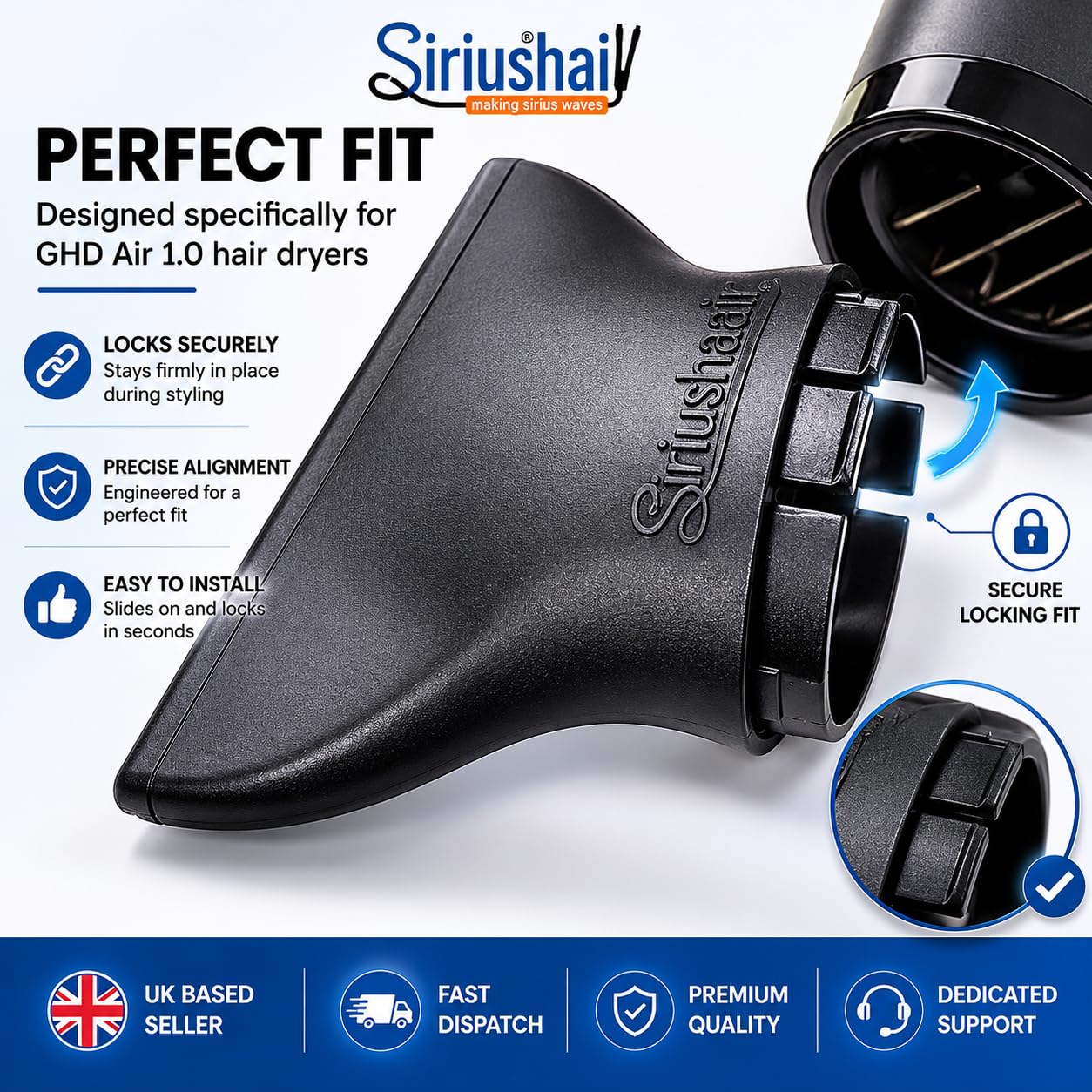 Accessorio per lo styling dell'ugello concentratore per asciugacapelli, compatibile solo con asciugacapelli GHD Air 1.0, nero
