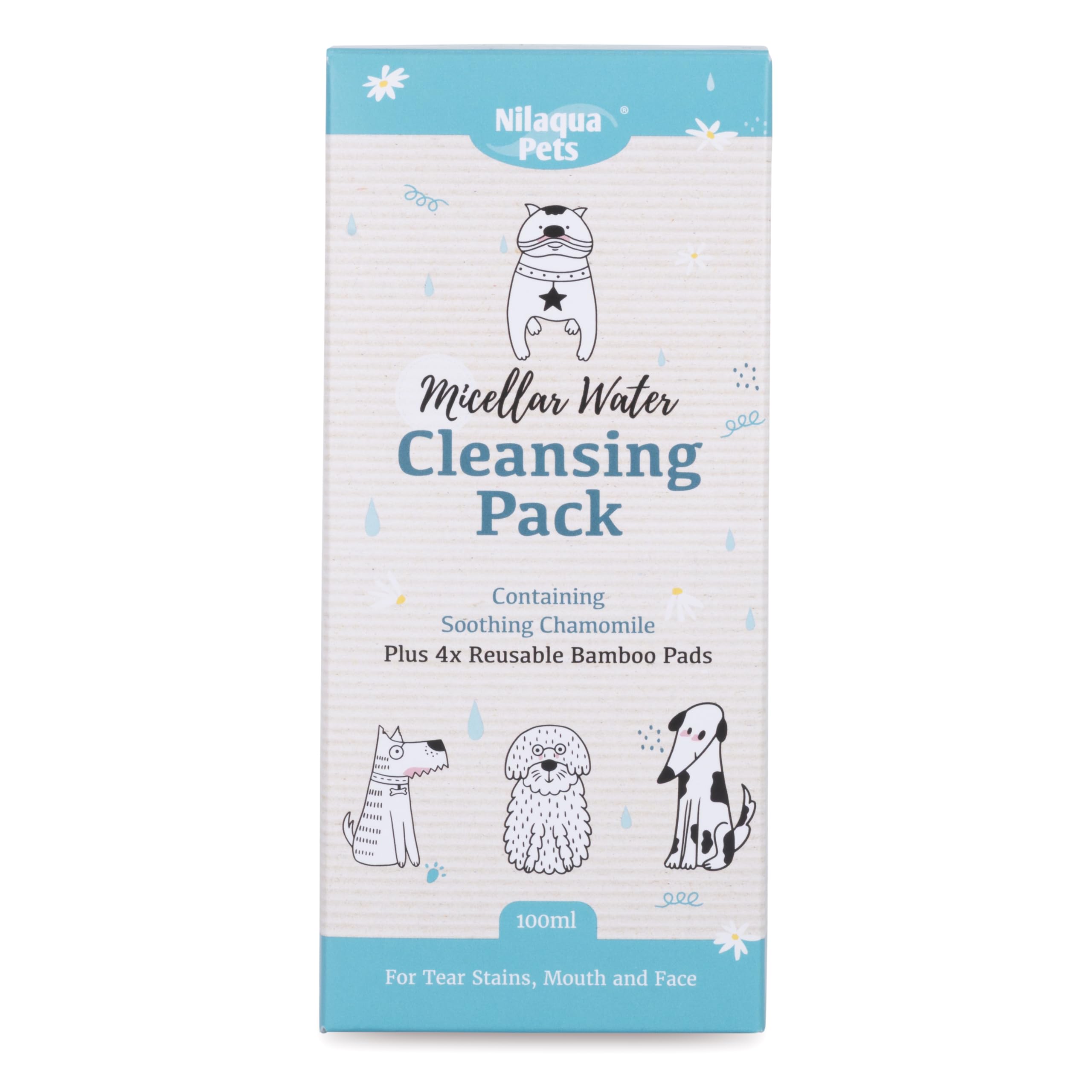 Nilaqua Pets Cleansing Micellar Kit Box - Nilaqua Pets Cleansing Micellar Water for Dogs, 100ml, Tear Stain Remover with Calming Chamomile, Face Cleaner for Mouth. Eco 4x Reusable Bamboo Pads