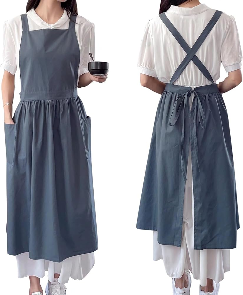 TALIBSA Pinafore Apron Dress，Japanese Cotton Linen Cross Back