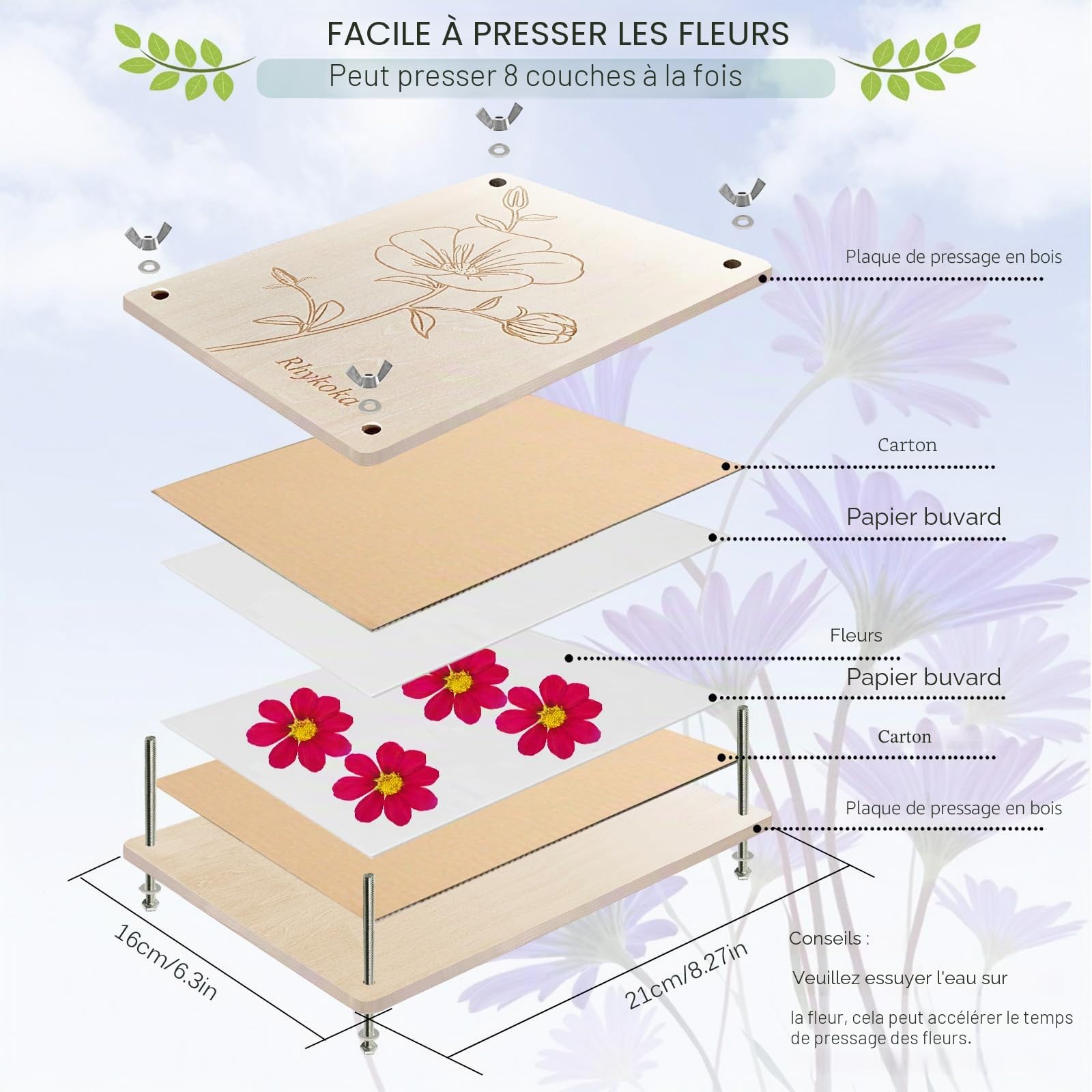 Presse à fleurs professionnelle 8 couches 16 x 21 cm kit en bois avec instructions