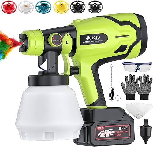 JiGiU Pistola pulverizadora de pintura inalámbrica HVLP, pistola de pulverización eléctrica de 300 W/33.8 fl oz/6 boquillas/3 patrones de