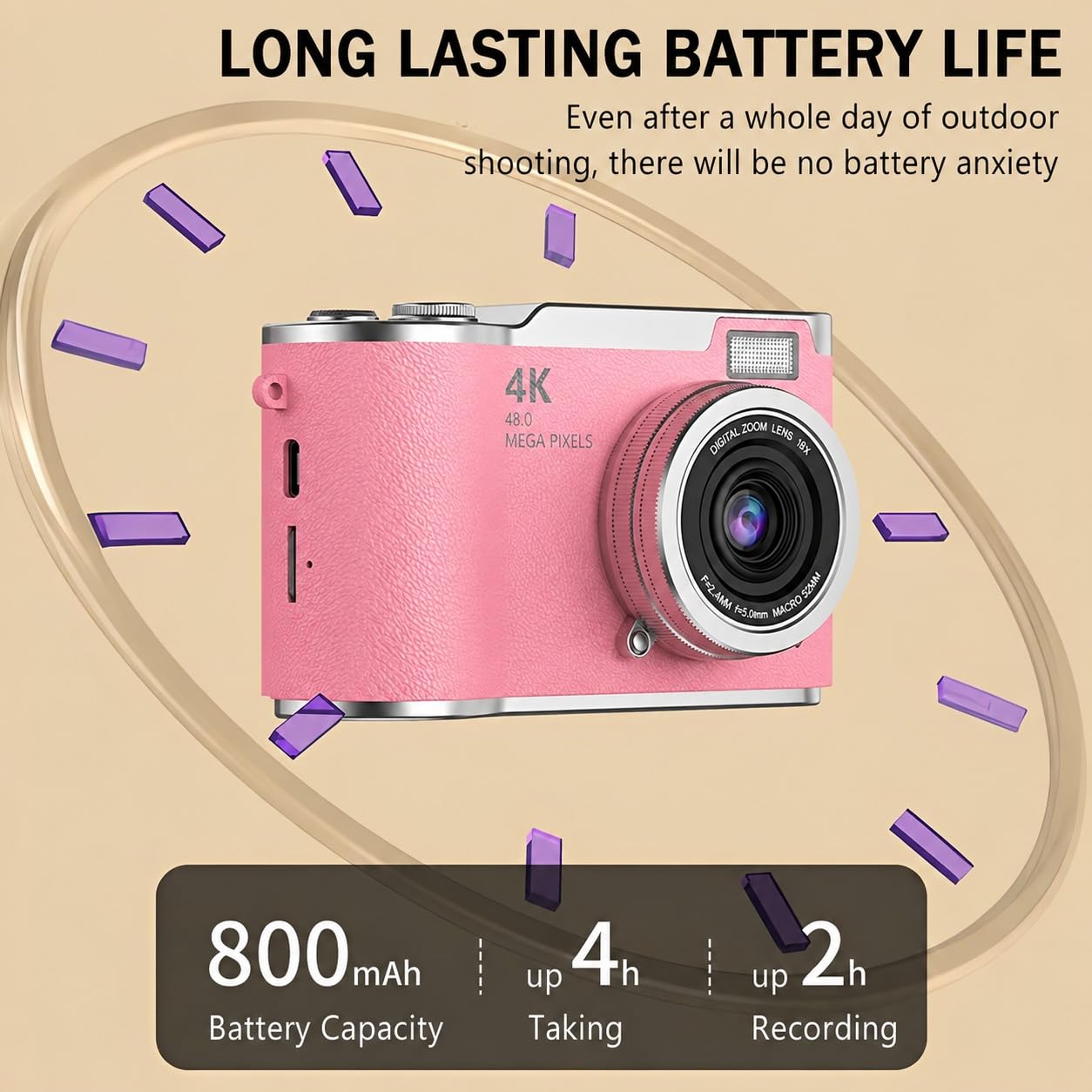 Digital Camera, 1080P Digital Camera with 2.4in Flip HD Display Screen, 18X Zoom Anti Shake Point and Shoot for Beginners (Dustypink) — Amazon image 3