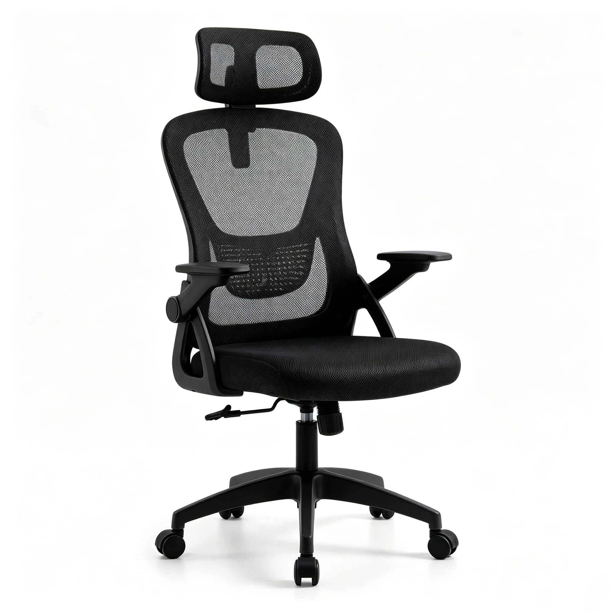 Silla de Oficina Ergonómica con Respaldo de Malla Transpirable, Soporte Lumbar y Altura Ajustable, Silla Escritorio Giratoria con Ruedas 360° (Cabecera y Brazos abatibles Negro)