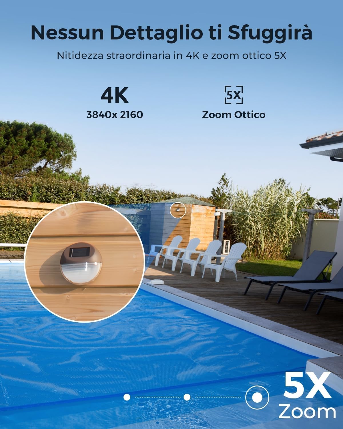 Reolink 4K 8MP Telecamera Wi-Fi Esterno con Zoom Ottico 5X, Auto-Tracking | Pan 360° e Tilt 90°, Dual-Band Wi-Fi 6, Notturna a Colori/Infrarossi, Audio Bidirezionale, Rilevamento Smart, RLC-823S1W