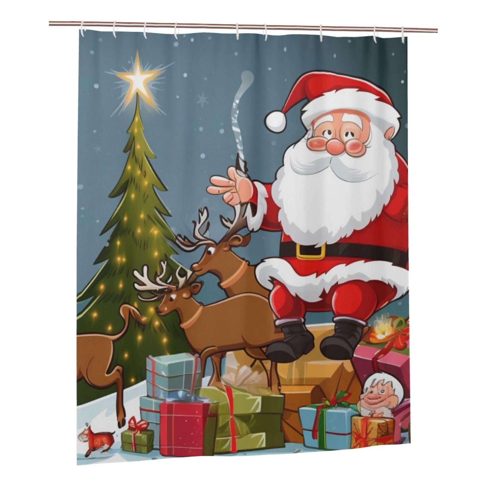 BWWHCCTI Merry Christmas print Printed Shower Curtain With 12 Plastic Hooks Opaque Quick Drying Waterproof Shower Curtains Sets For Bathroom 152x183 Cm