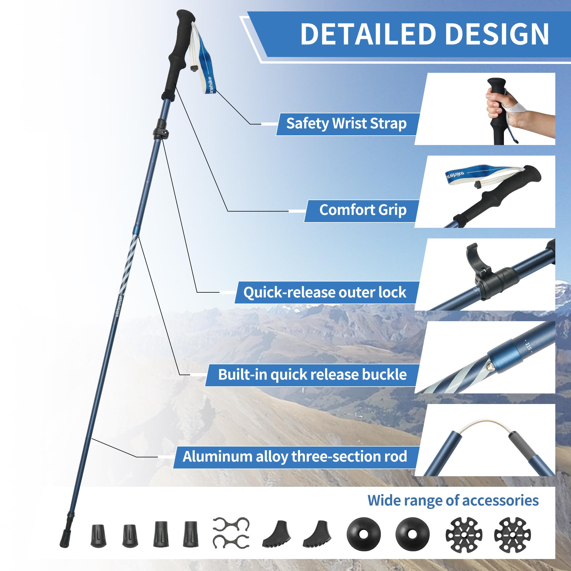 Naturehike Bastoni da trekking ultraleggeri pieghevoli, 115-135 cm, bastoncini da trekking in alluminio 7075, per uomo e donna (blu)