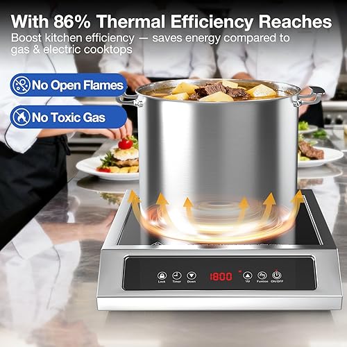 Vista 3 de Placa de cocción de inducción comercial de 1800 W, quemador eléctrico de encimera de acero inoxidable de 120 V con panel táctil digital