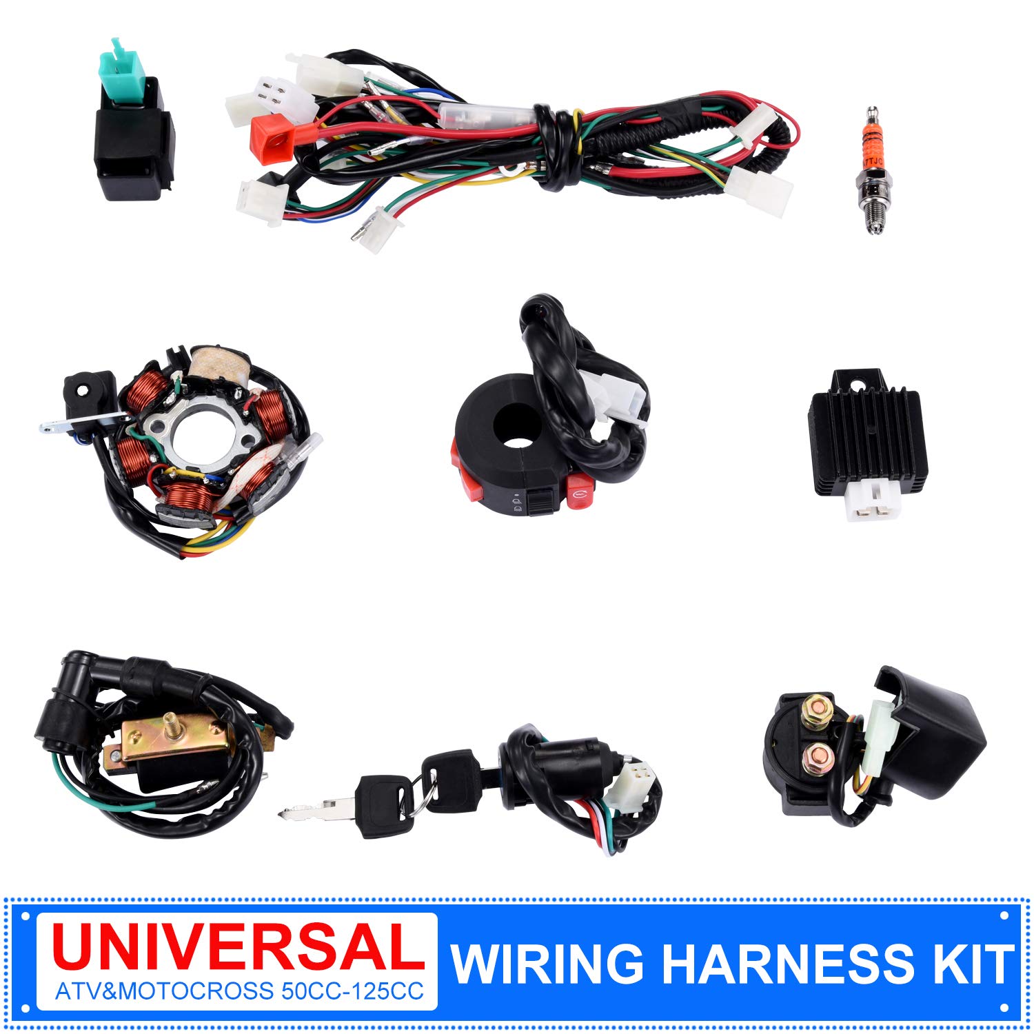 Bobina de estator eléctrica completa, arnés de cableado CDI, bujía, juego de arnés de cables cuádruple para 50cc 70cc 90cc 110cc 4 tiempos ATV Bike Buggy