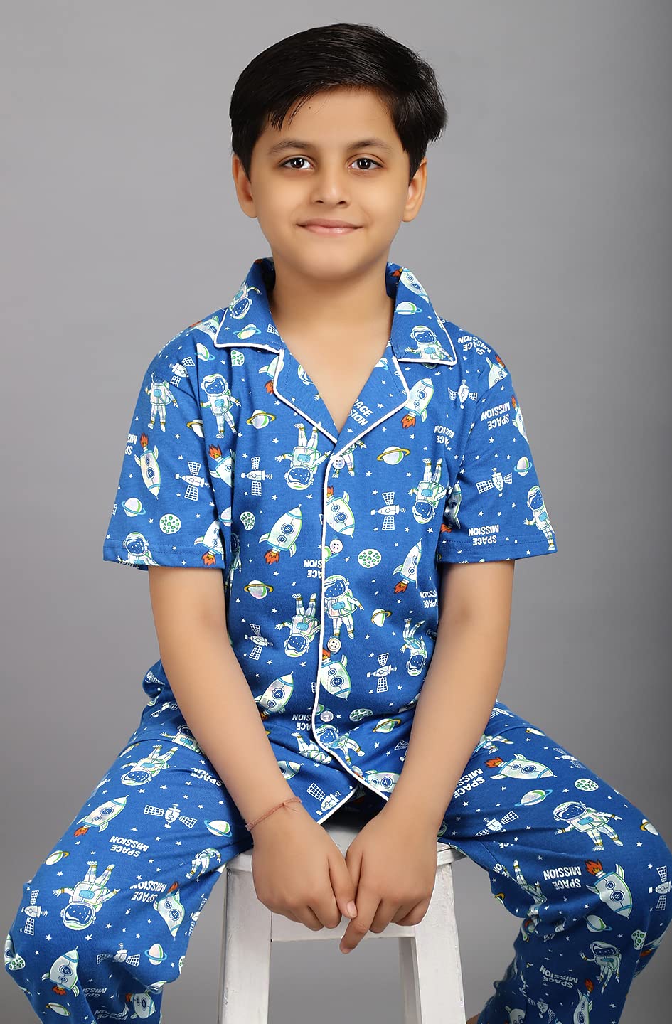 Ninos Dreams Space Mission Printed Collared Half Sleeves Boys Night Suit/Boys Night Dress Blue - Image 4 thumbnail