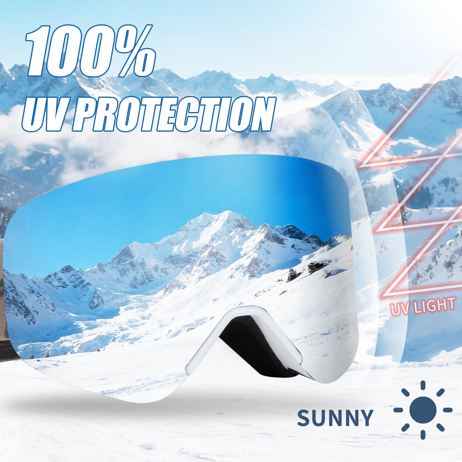 VCOROS Masque de Ski YH879B avec Magnétique Lentille pour Unisexes | Interchangeable Lunettes de Ski OTG Ajustables Anti Buée Coupe-Vent Anti-UV Lunettes de Snowboard pour Ski