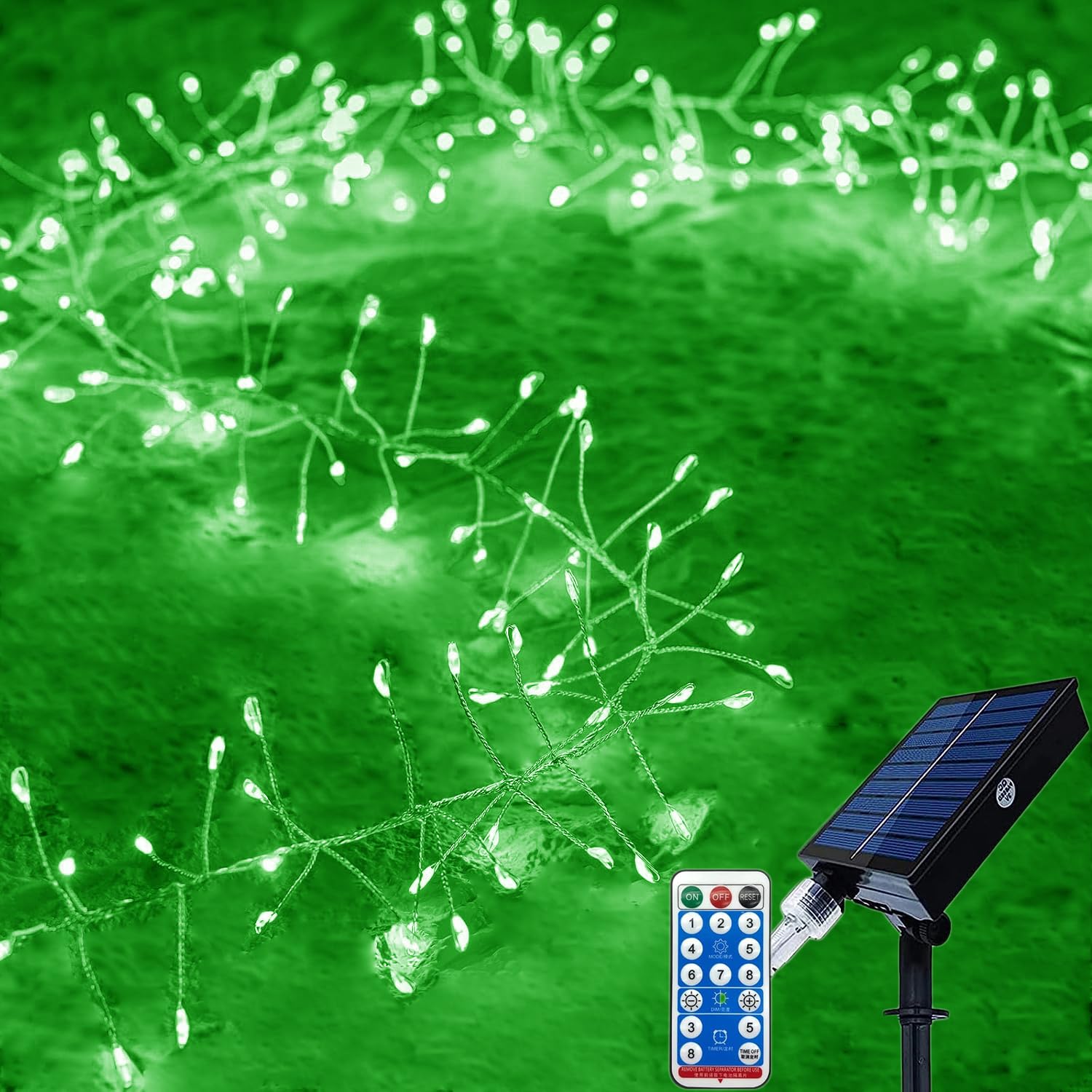 KINGCOO Solar Firecracker Lights Outdoor, Waterproof 29.5FT 300LED Silver Wire Cluster Fairy String Lights with Remote for DIY Bedroom Curtain Window Wedding Christmas Party Decoration (Green)