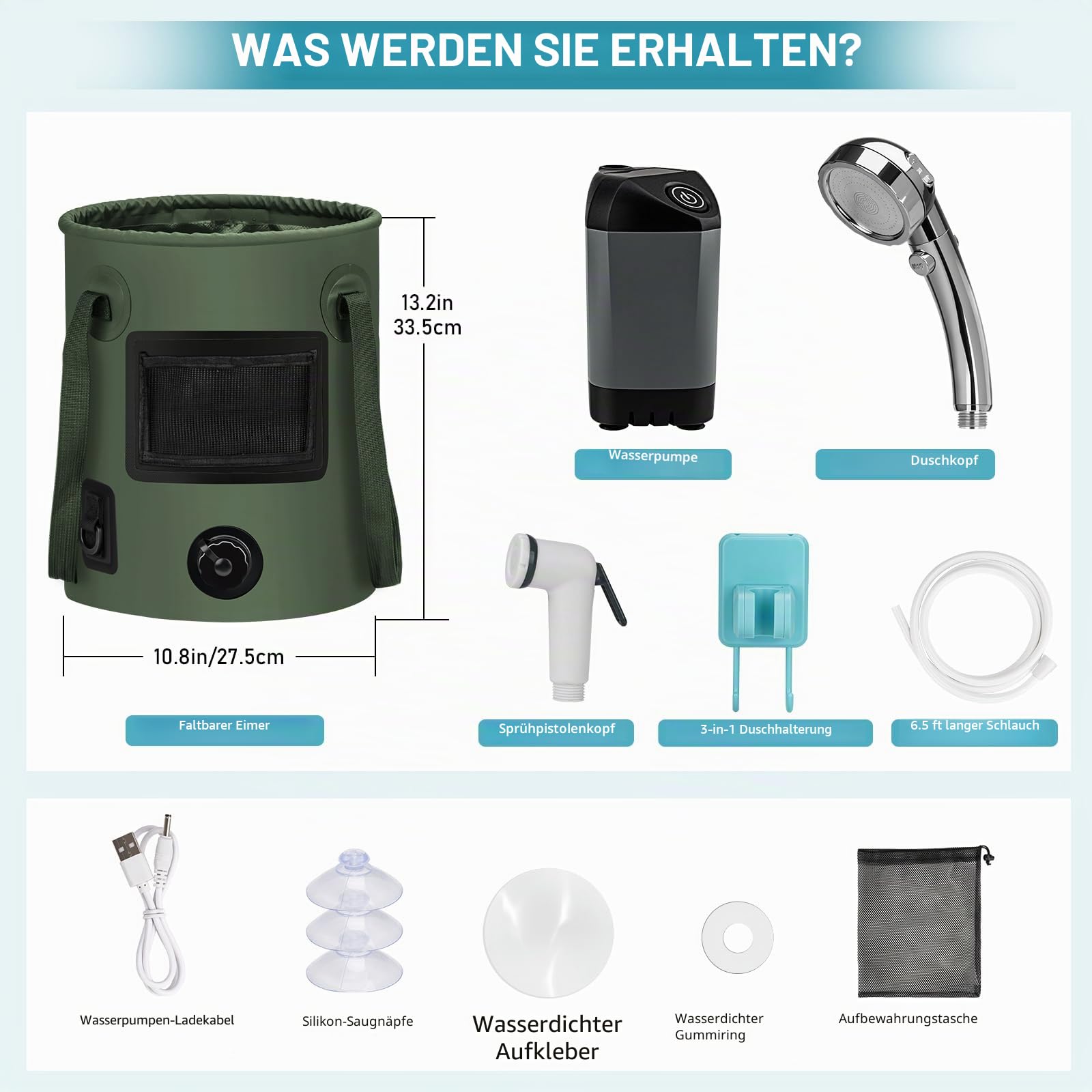 Camping Dusche Set mit Duschzelt, Elektrischer Akku Duschpumpe (4500mAh), 25L Faltbarer Wassereimer & LED Licht – Tragbare Outdoor Dusche für Camping, Strand, Garten & Haustiere (Blau)