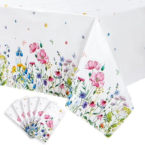 Bencailor 6 manteles rectangulares de plástico con flores, decoración de fiesta de flores, mantel de plástico floral para cocina, mantel de mesa de