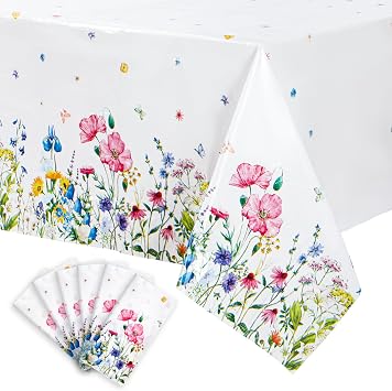 Bencailor 6 Pcs Summer Floral Tablecloth Butterfly Wildflower Plastic Disposable Tablecloth Rectangle Flower Table Cover for Summer Picnic Dining Birthday Tea Party Decorations 54 x 108 Inch