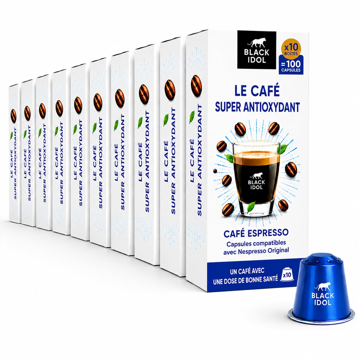 CAFÉ SUPER ANTIOXIDANTE – ANTIEDAD BLACK IDOL – 100 CÁPSULAS, compatible con NESPRESSO* ORIGINAL – Intensidad 7 – Café enriquecido con polifenoles antioxidantes naturales