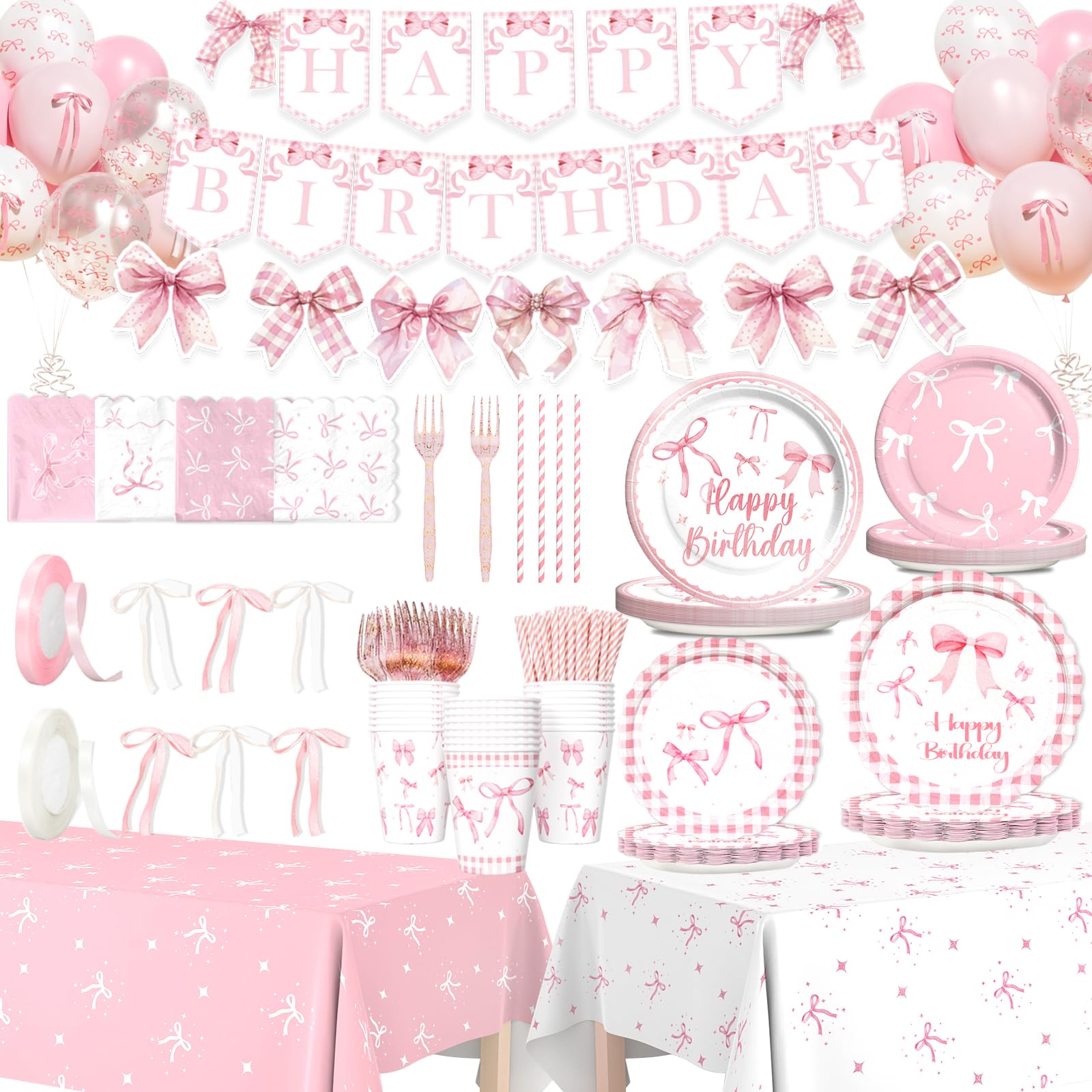 Party Inspo Pink Bow Birthday Party Supplies - 171 PCs Coquette Party Decorations Include Bow Plates Napkins Cups Tablecloth Ribbon Magic Balloon Pink