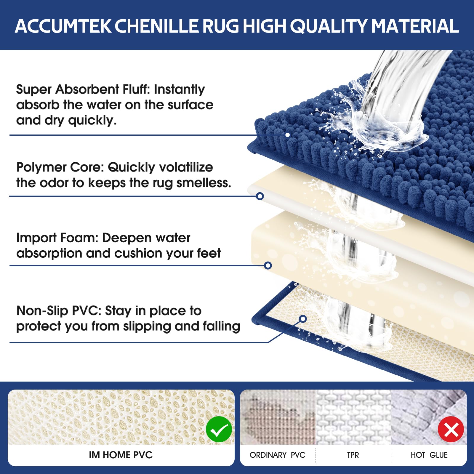 ACCUMTEK Set di 3 tappetini da bagno extra large, ultra morbidi, spessi, assorbenti, antiscivolo, in ciniglia, per bagno, camera da letto, cucina
