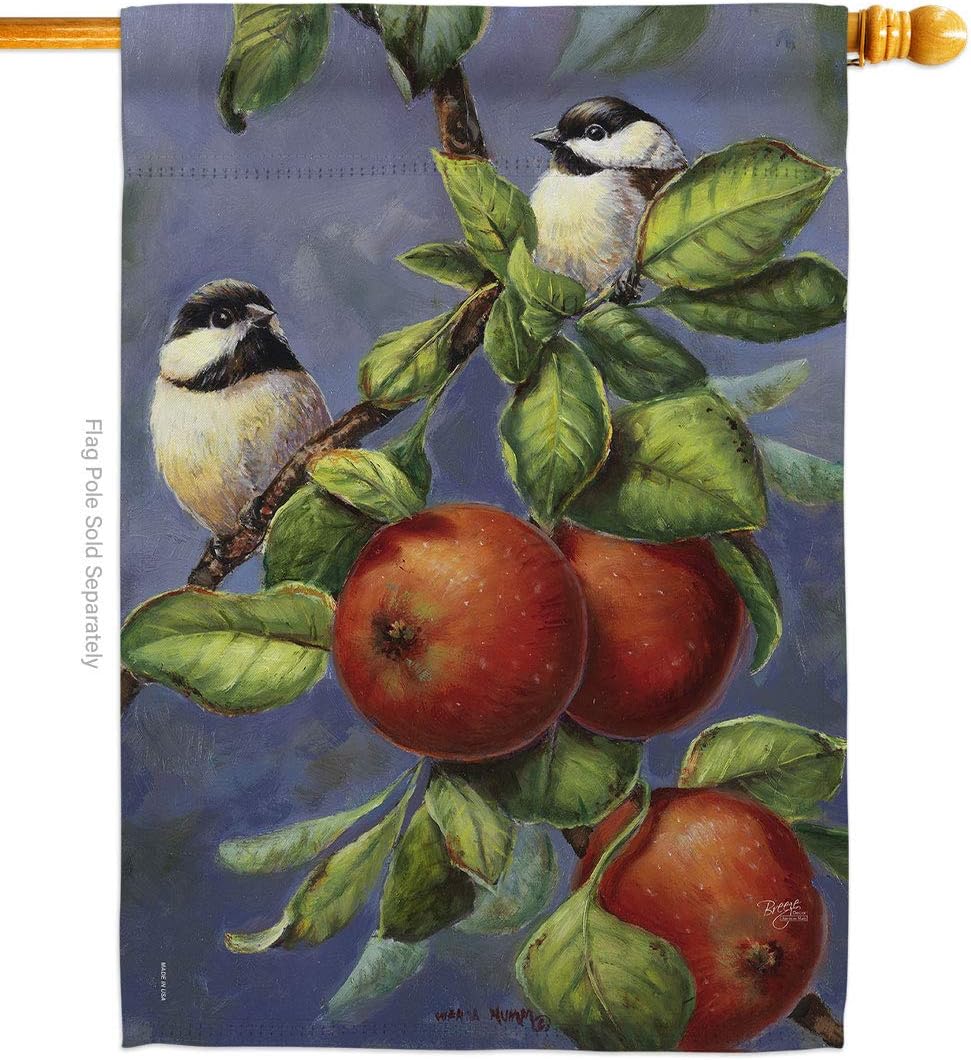 Breeze Decor - Chickadees & Apples Garden Friends - Everyday Impressions Decorative Vertical House Flag 28" x 40" Printed in USA
