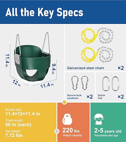 Miniatura 7 de little dove Cubo completo de respaldo alto, columpio para niños pequeños con cadenas revestidas y protección triangular de inmersión para mayor