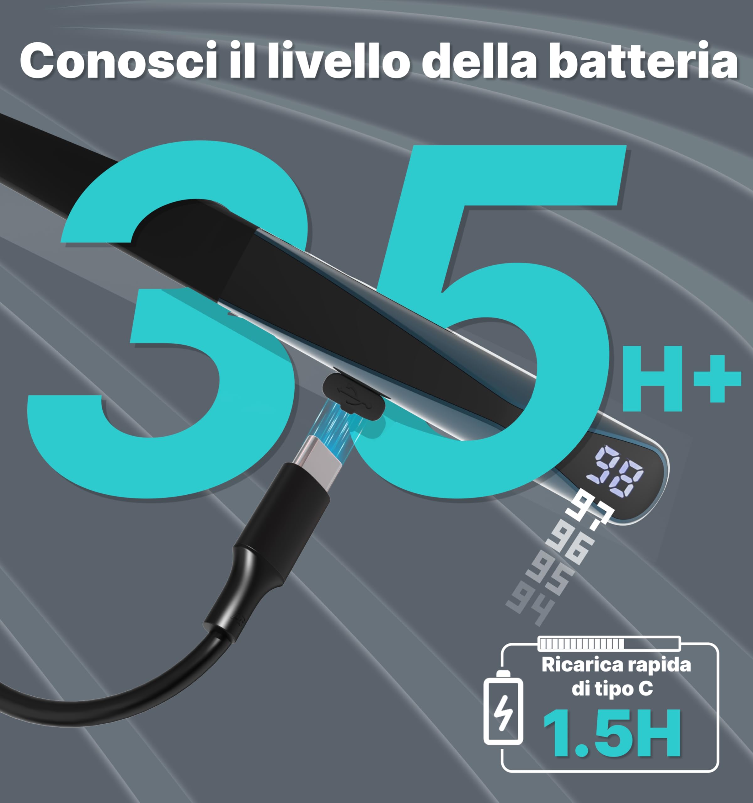 Hmusic H08 Cuffie con Archetto da Collo, Monitoraggio vocale in tempo reale | Impermeabile IPX5, 35 Ore di Autonomia, Auricolari magnetici Bluetooth 6.0, Microfono Al ENC, Display digitale a LED