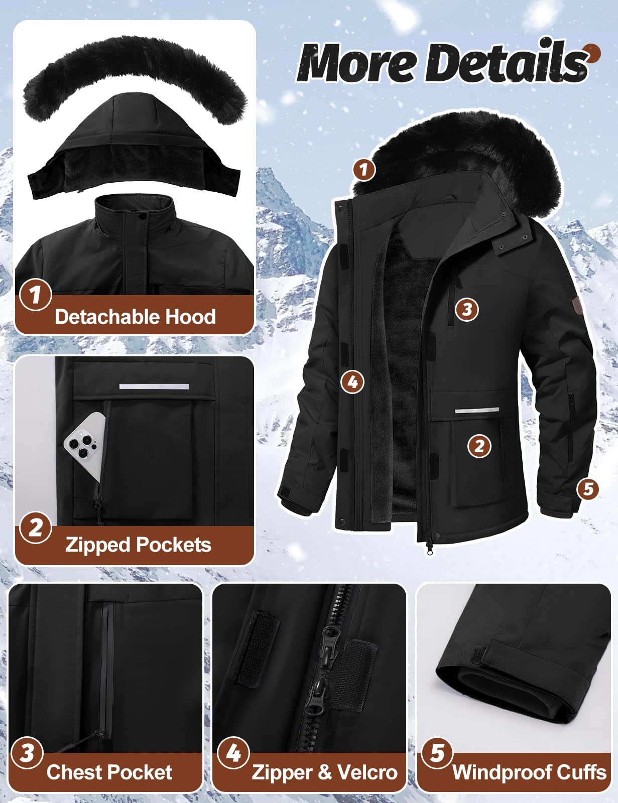 Voqeen Veste Ski Femme Blouson Femme Hiver Imperméable Pour la Montagne Veste Polaire Coupe-vent avec Capuche Amovible pour Femmes