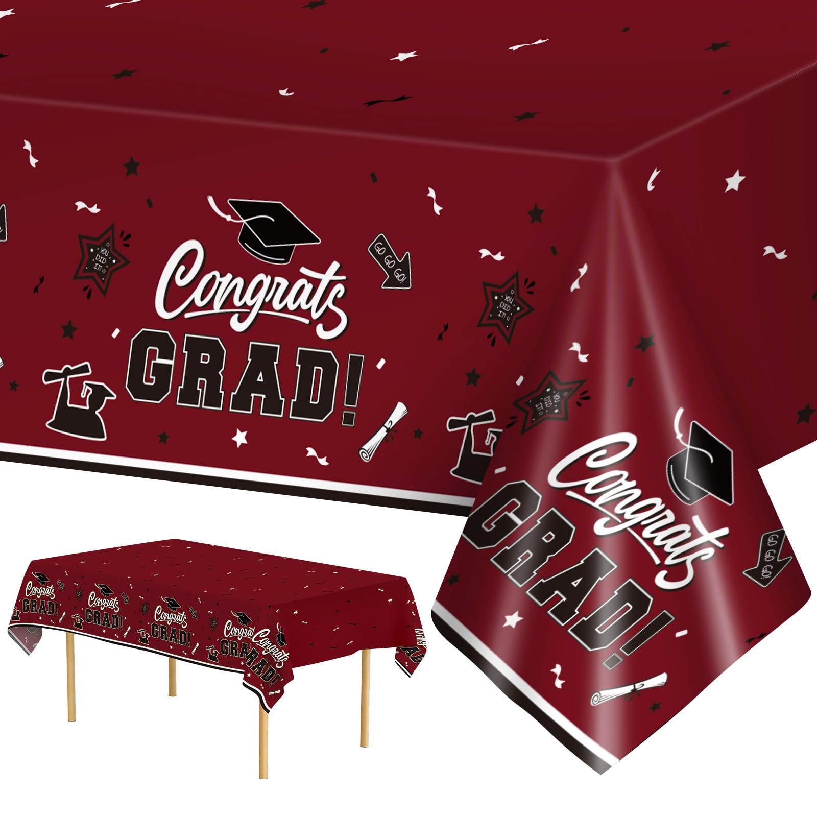 Photo 1 of 2 Pack Graduation Tablecloth - Congrats Grad Table Cloths, Plastic Disposable Rectangle Maroon Class of 2026 Table Cover for Graduation Tables Decorations Party Decor Supplies Favors,108 x 54 Inch