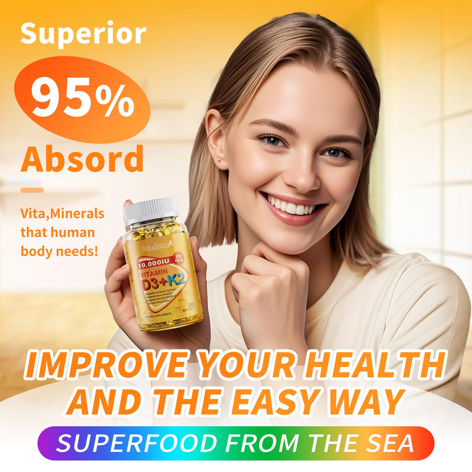 Vitamin D3 K2 10000 IU w/ MK7 for Bone, Immune & Heart Health, 250 Softgels — Amazon image 5