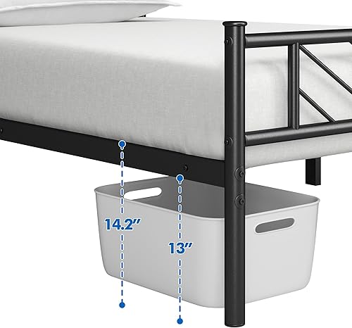 Miniatura 2 de Topeakmart Cama de plataforma de metal de tamaño individual con cabecero y estribo de diseño de flecha, almacenamiento debajo de la cama de 13