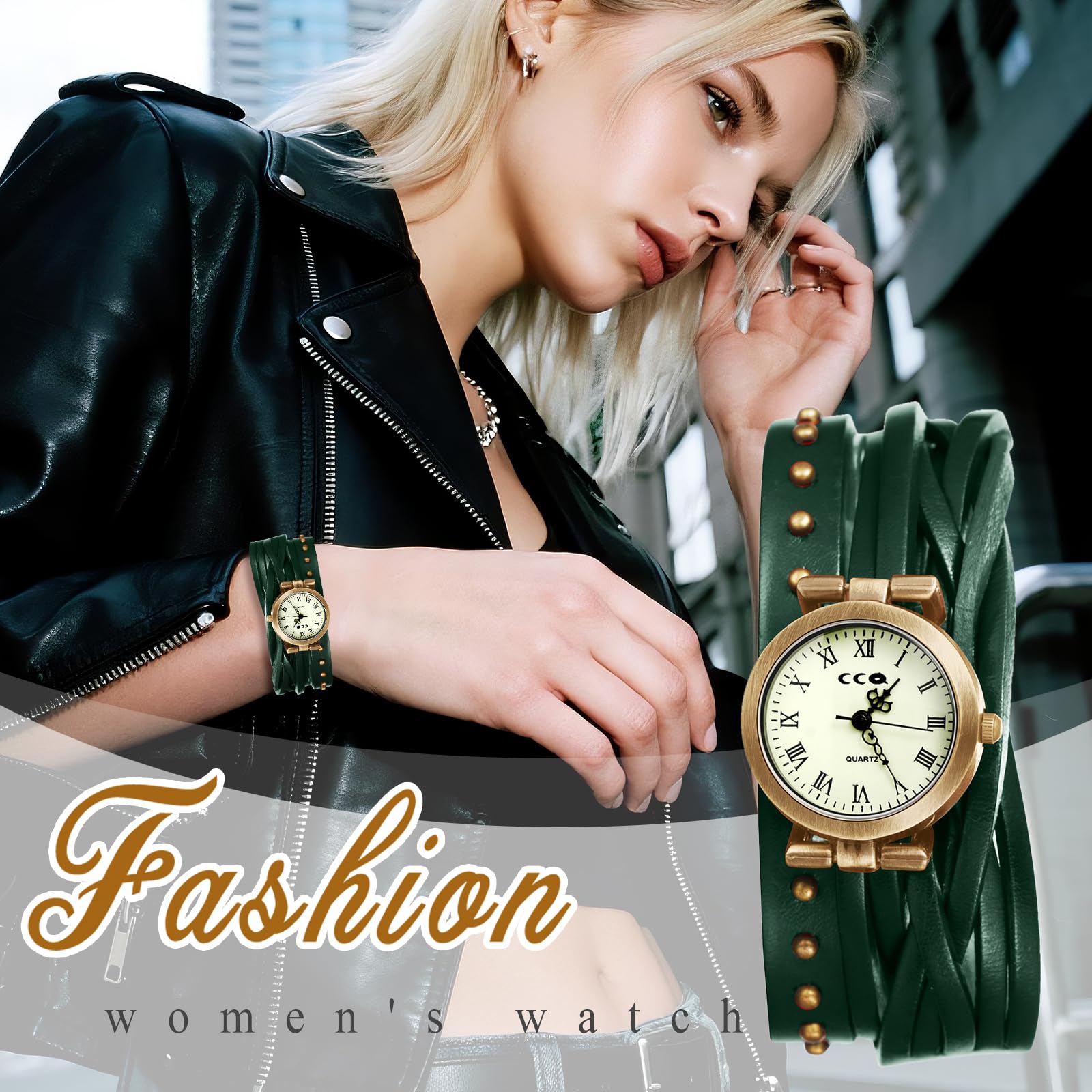 JewelryWe Damski zegarek zawijany pasek skórzany zegarek: 4 sztuki vintage analogowy kwarcowy zegarek na rękę damski prawdziwa skóra pleciona bransoletka na Halloween Punk nity zegarek z cyframi
