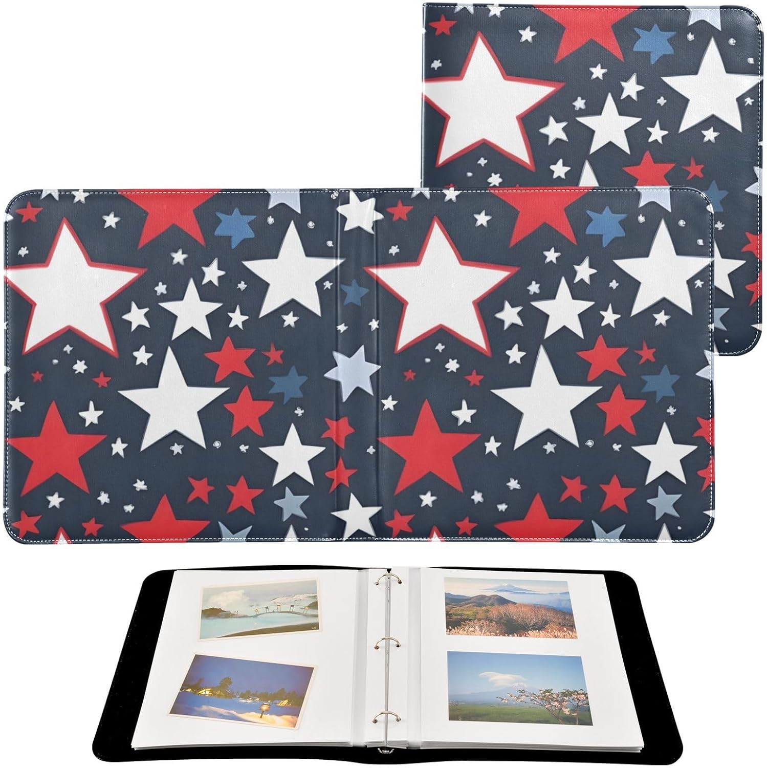 JIPONI Red White and Blue Stars Large Photo Album, DIY Leather Cover Scrapbook Albums for 4x6 5x7 6x8 Pictures, Self Adhesive Memory Book for Wedding, Baby, Family