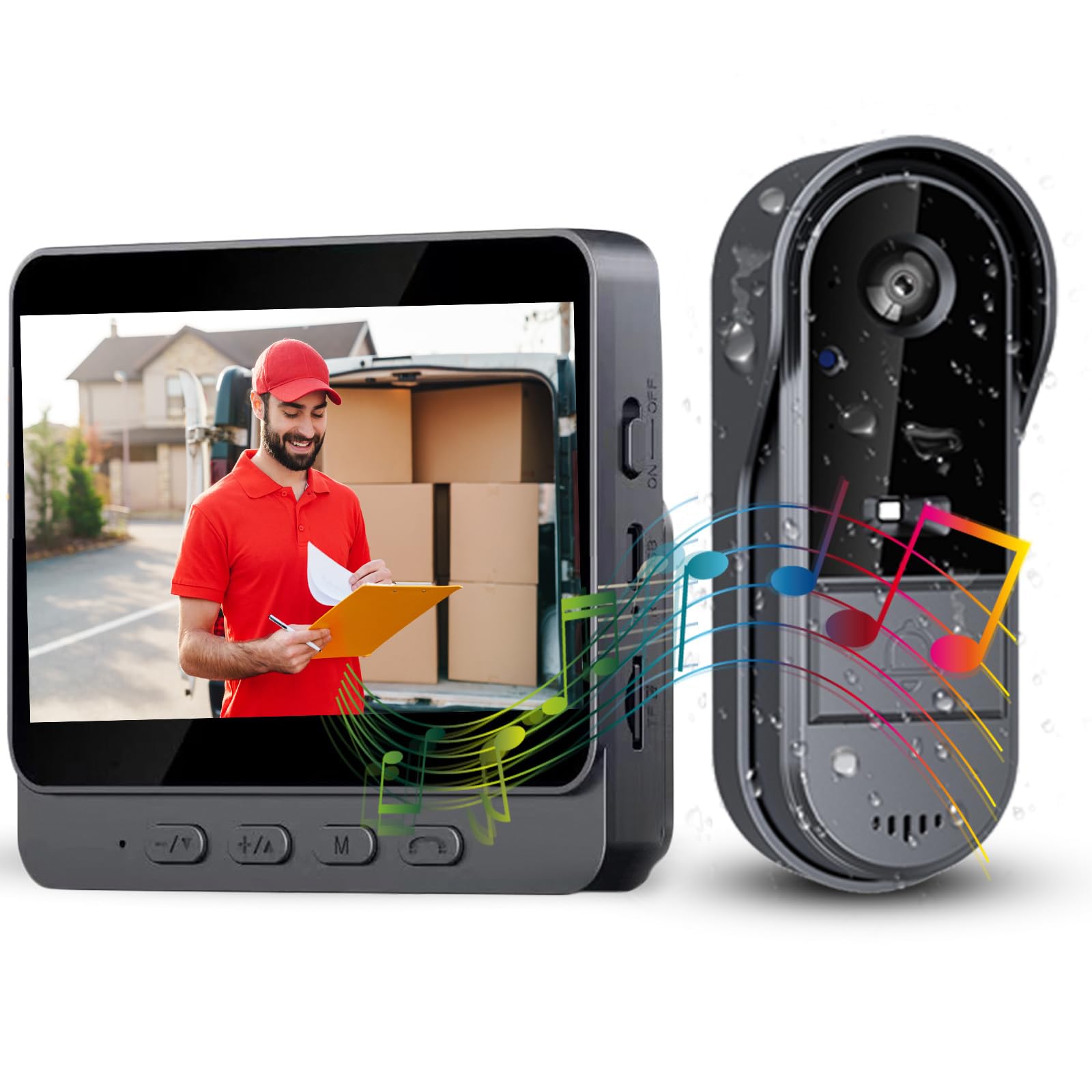 Sonnette Sans Fil avec Caméra 1080P IP65 Étanche Écran IPS 4,3" HD 170° Visiophone Audio Bidirectionnel Interphone Vision Nocturne
