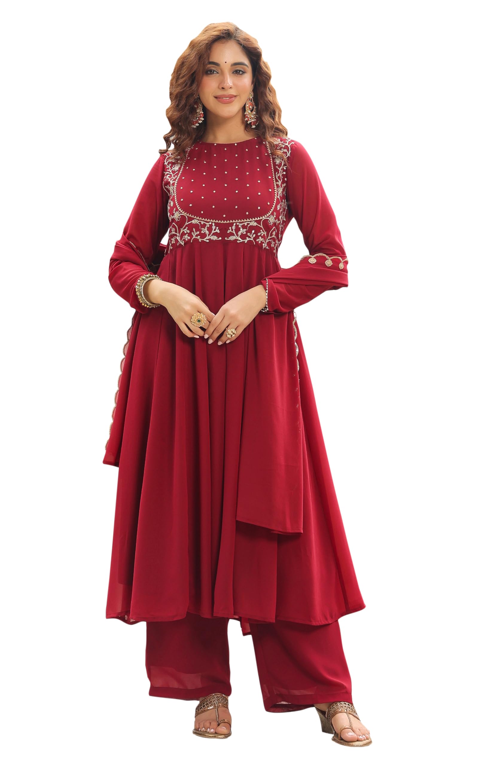 Maroon Embroidered Kurta with Palazzo & Dupatta for Women Georgette Fabric Latest Fashion-image-18