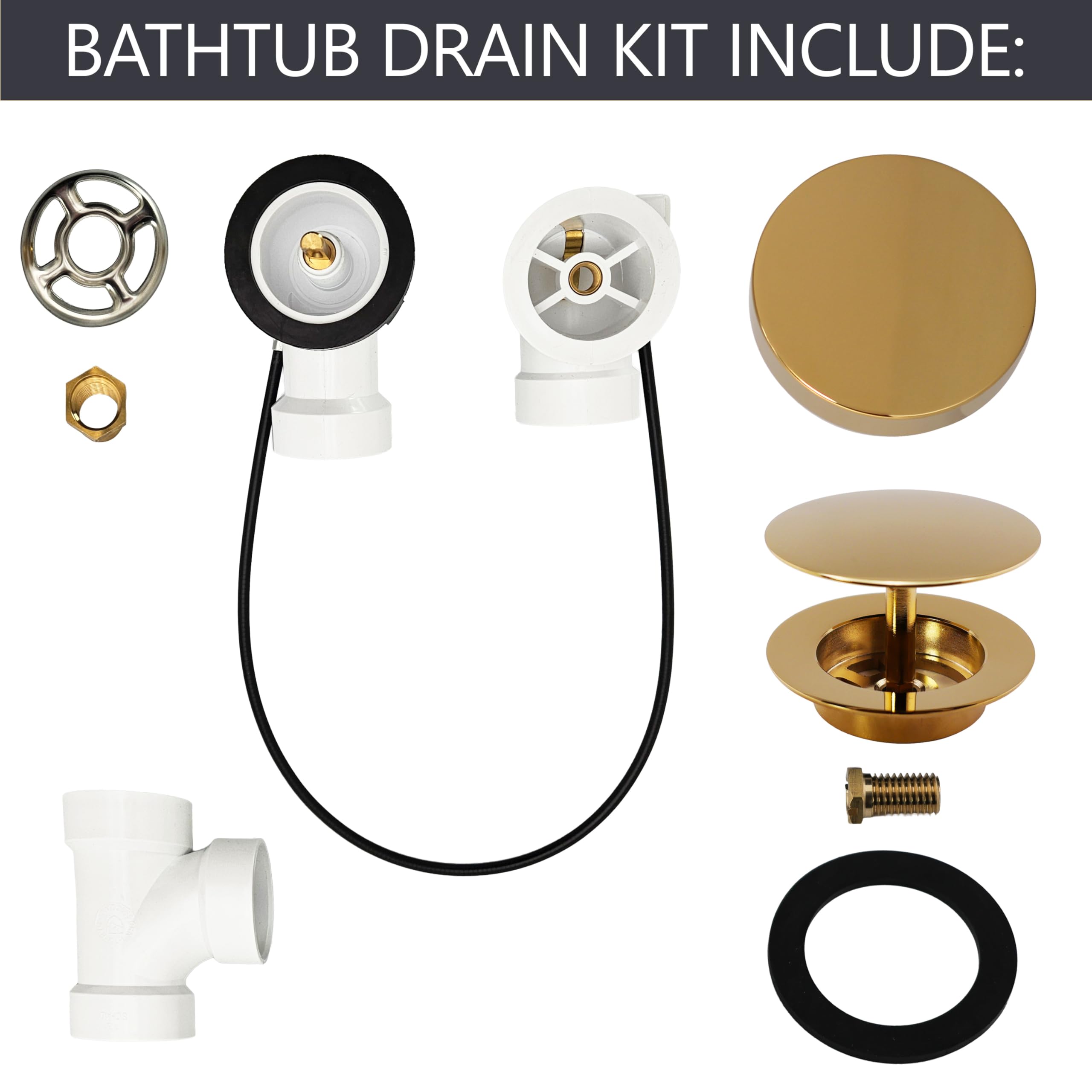 Westbrass D50P45SRE-01 - Tapón de desagüe para bañera de 45 pulgadas con perilla giratoria de desbordamiento, tapón emergente SCH. 40 accesorios de PVC, latón pulido