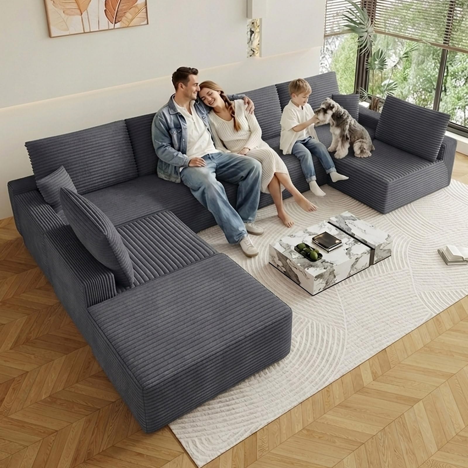 Oversized Modular Sectional Sofa Couch,Large 7 Seater Corner Sofa Modern U Shaped Sectional Couch with Ottoman Cloud Couches for Living Room,Office,Spacious Space,Corduroy,No Assembly,Dark Grey